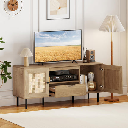Dreamade Boho TV Stand for 50-60 Inch TV with Storage Cabinets Drawer & PE Rattan Doors