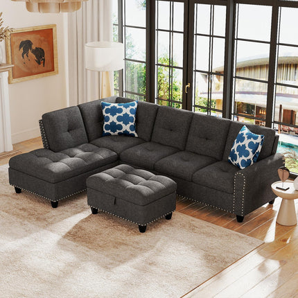 Dreamade 98 Inches Sectional Sofa Couch with Movable Storage Ottoman and Linen Fabric Backs