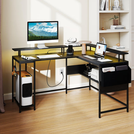 Dreamade L Shaped Desk with LED Light & Power Outlets Ergonomic Home Office Desk