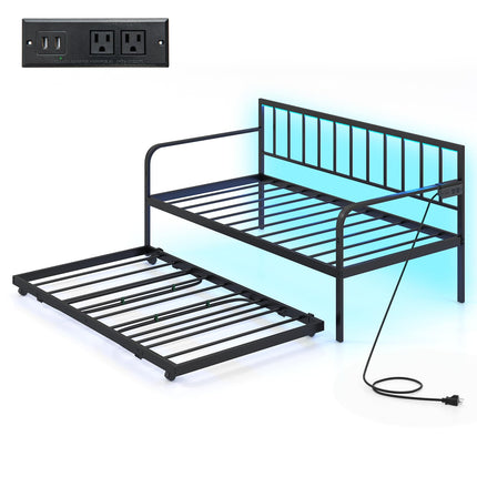 Dreamade Twin Daybed with Trundle, Metal Day Bed with Charging Station & LED Lights
