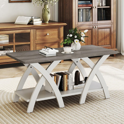 Dreamade Farmhouse Coffee Table 2-Tier Wood Center Table with Storage Shelf & X-Shaped Support Legs