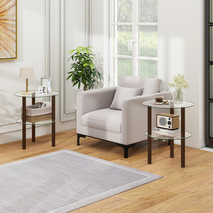 Dreamade Round/Square 2-Tier Sofa Side Table with Clear Tempered Glass Top & Shelf (1/2)