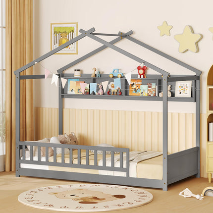 Dreamade Twin Floor House Bed with Storage Shelf, Wood Twin Bed Frames with Headboard & Guardrail