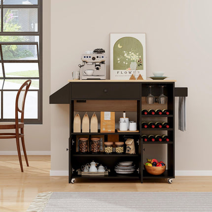 Dreamade Rolling Kitchen Island Cart with Drop Leaf, Power Outlet, Spice Rack, 12 Wine Rack