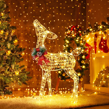 Dreamade Christmas Pre-Lit Reindeer, Lighted Baby Deer w/ 50 Warm White LED Lights & Red Bow