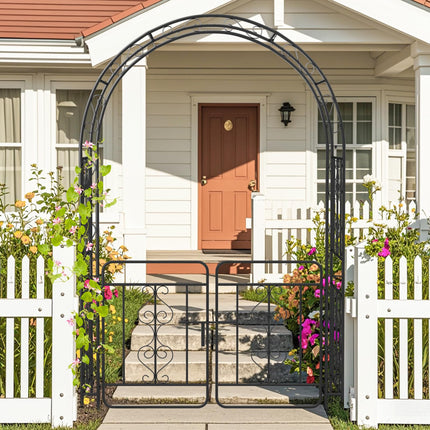 Dreamade Garden Arbor with Gate, 84" H x 54" W Metal Arch Trellis for Climbing Plants Rose Vines