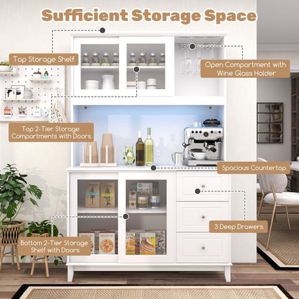 Dreamade 73" Kitchen Pantry Storage Cabinet, Hutch Cabinet with LED Lights & Power Outlet, Kitchen Buffet Cabinet w/Wine Glass Racks