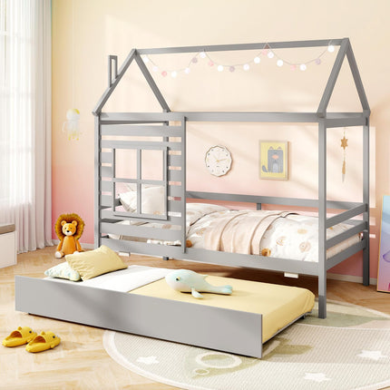 Dreamade Twin House Bed with Trundle Bed Twin, Wooden Twin Bed Frames with Roof, Chimney & Window