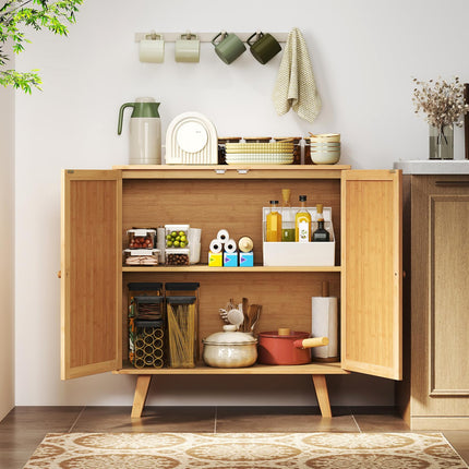 Dreamade 2 Tier Bamboo Sideboard with PE Rattan Decorated Doors