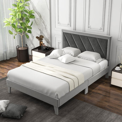 Dreamade Full Size Velvet Bed Frame with Headboard, Modern Upholstered Platform Bed, No Box Spring Needed, Black & Gray