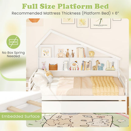 Dreamade Full House Bed with Twin Trundle, Wood Daybed with 5 Cube Storage Bookcase & Headboard