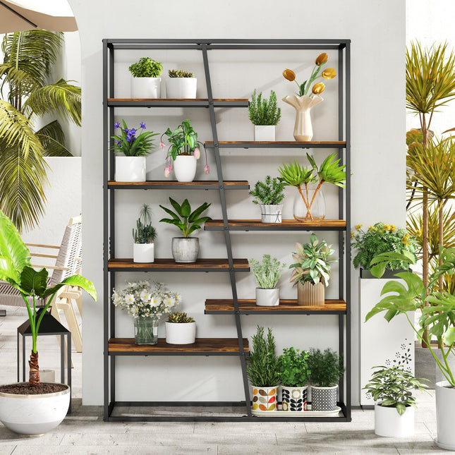 Dreamade 7-Tier Industrial Bookshelf, Heavy-Duty Staggered Bookcase, Freestanding Display Storage Rack