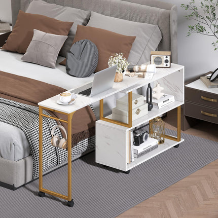 Dreamade 360° Free Rotating Sofa Side Table Modern L Shaped Desk with Storage Bookcase