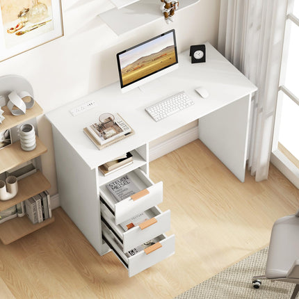 Dreamade White Desk with Drawers, Modern Home Office Desk Writing Study Desk with Charging Station
