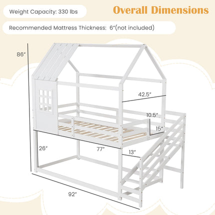 Dreamade Twin Bunk Beds with Stairs, Floor House Bed with Roof & Window