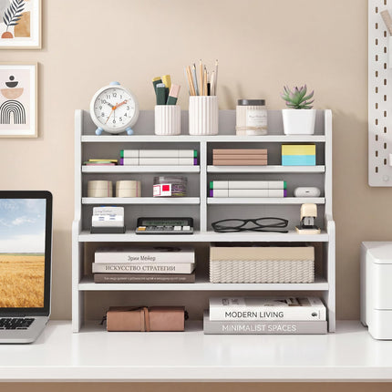 Dreamade Desk Organizer | Wooden 6 Tier Storage Rack with 2 Removable Shelves