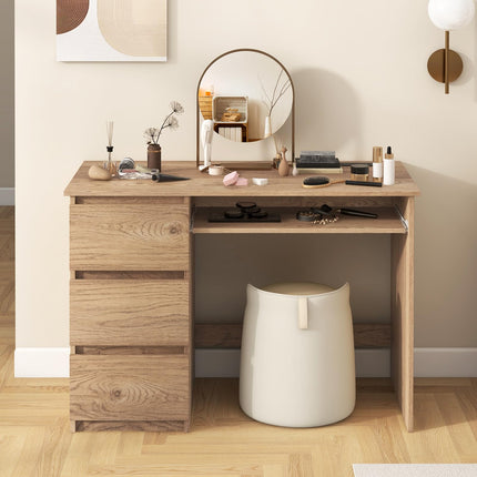 Dreamade Computer Desk with Power Outlet, Modern Office Desk with Keyboard Tray & 3 Large Drawers