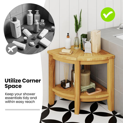 Dreamade Corner Shower Stool - Teak Wood Shower Bench Seat with Storage Shelf for Shaving Legs