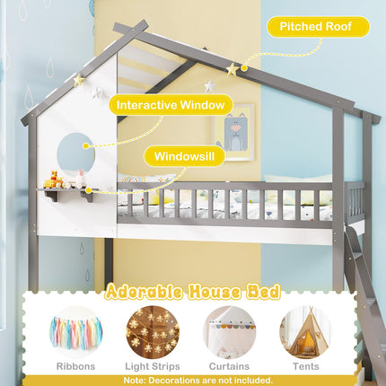 Dreamade Solid Wood Floor Bunk Bed with Ladder and Full-Length Guardrails