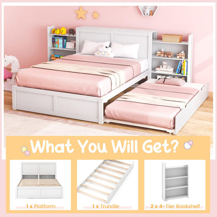 Dreamade Full Bed Frame with Twin Trundle, Wooden Bed Wooden Bed Frame with 2 Rolling Bookcases & High Headboard