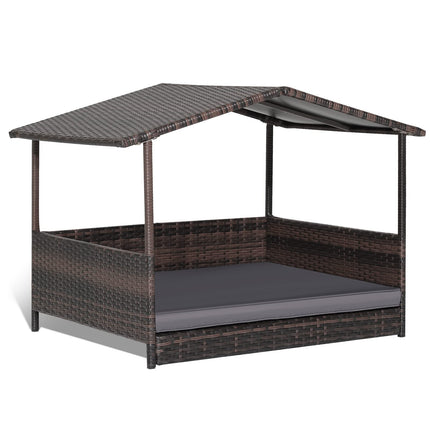 Dreamade Wicker Dog House, Raised Rattan Dog Bed with Roof, Removable Cushion and Steel Frame