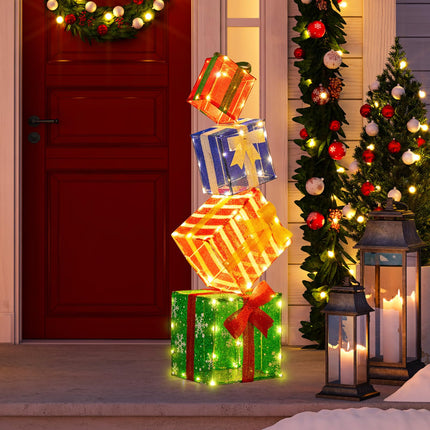 Dreamade Lighted Gift Boxes, Set of 4 Stackable Pre-lit Box Decorations with Warm White LED Lights & Pre-Assembled Ribbons