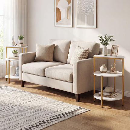 Dreamade 3-Tier Round Side Table - Wood Bedside Sofa End Table with Storage Shelves & Metal Frame