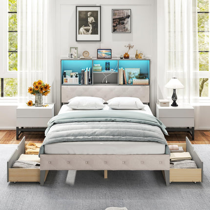 Dreamade Gray Full Size Bed Frame with Upholstered Bookcase Headboard