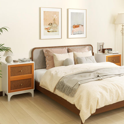 Dreamade Rattan Nightstand with Drawers, Natural Rattan End Table, Cane Accent Bedside Table with Solid Wood Legs for Bedroom