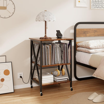 Dreamade Record Player Stand with Charging Station, Turntable Stand with Record Storage & 4 Rolling Wheels