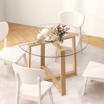 Dreamade 42” Round Dining Table for 4, Kitchen Table with 0.3” Tempered Glass Tabletop, Rubber Wood Legs