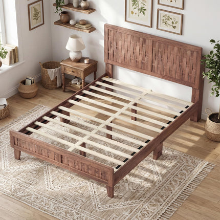 Dreamade Wood Bed Frame with Woven Headboard (Full/Twin/Queen)