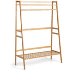 Dreamade 3 Tier Bamboo Clothing Rack with Shelves, Heavy Duty Freestanding Clothes Organizer Rack with Coat Hooks
