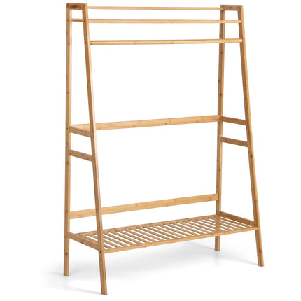 Dreamade 3 Tier Bamboo Clothing Rack with Shelves, Heavy Duty Freestanding Clothes Organizer Rack with Coat Hooks