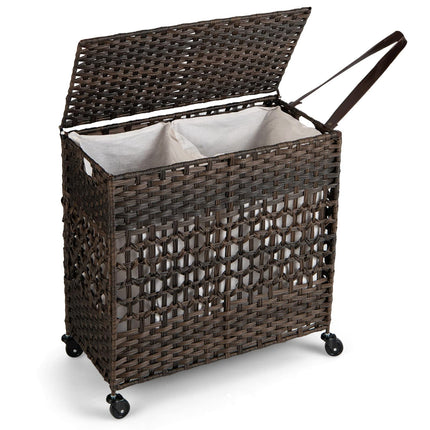 Dreamade Laundry Hamper with Wheels and Lid, 33 Gal (125L) Wicker Laundry Basket, 2 Removable Liner Bags