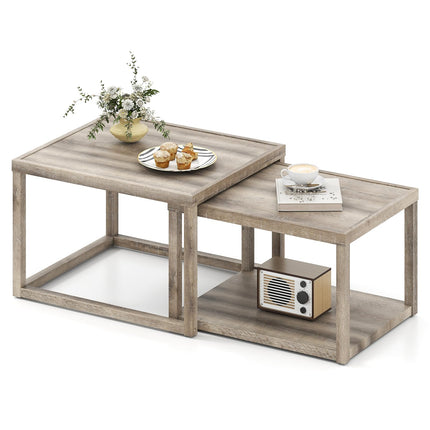 Dreamade Nesting Coffee Tables Set of 2 with Storage Shelf Rubber Wood