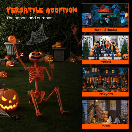 Dreamade 5.2 Ft Life-Size Posable Skeleton with Pumpkin Head Halloween Orange Skeleton Decoration