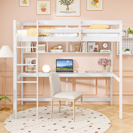 Dreamade Solid Wood Twin Loft Bed with Desk and Bookcase