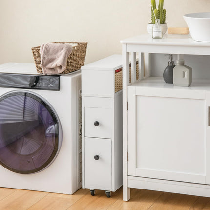 Dreamade Small Bathroom Storage Cabinet - Slim Bathroom Organizer with Wheels, 2 Drawers, 2 Baskets