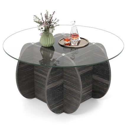 Dreamade 35" Glass Round Coffee Table with Storage Tempered Glass Top & Solid Wood Base
