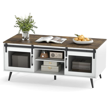 Dreamade 48" Farmhouse Coffee Table with Sliding Doors & Adjustable Shelf