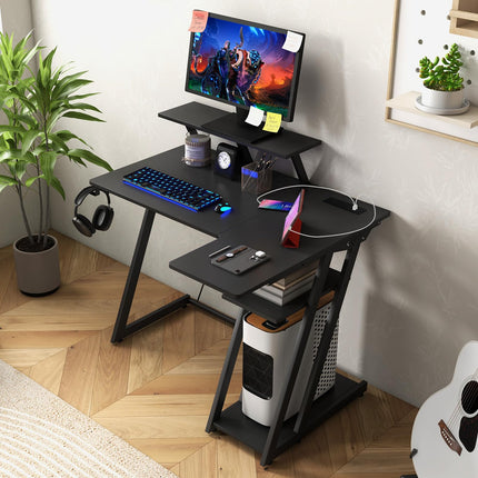 Dreamade L Shaped Gaming Desk with Outlets & USB Ports, Small Computer Desk with Monitor Shelf