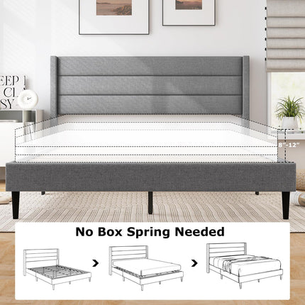 Dreamade Queen/Twin Size Bed Frame, Modern Linen Upholstered Platform Bed with Wingback Headboard