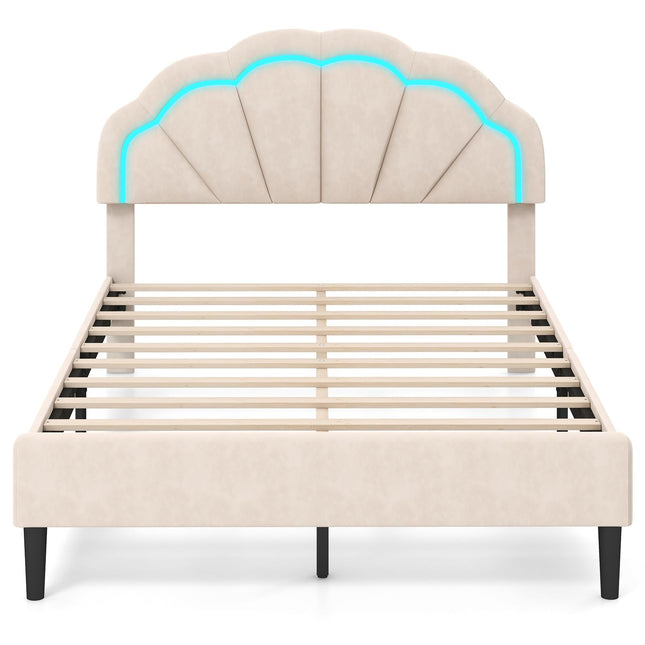 Dreamade Full Size LED Bed Frame, Velvet Upholstered Full Platform Bed with Adjustable Cloud Headboard