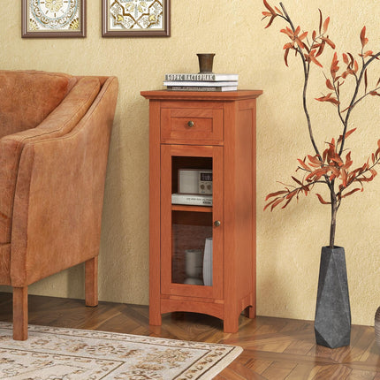 Dreamade Small Bathroom Storage Cabinet, Freestanding Narrow Bathroom Cabinet with Single Glass Door, Drawer