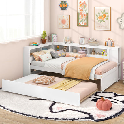 Dreamade Twin Daybed with Trundle, Wood Twin Bed Frames with Storage Headboard, Reversible Bookcase