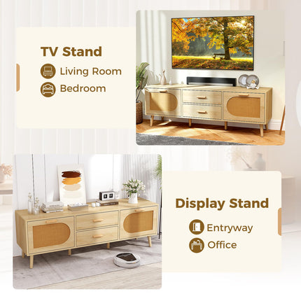 Dreamade Rattan TV Stand for TVs up to 65 Inch, 59" TV Console Cabinet with Drawers & Solid Wood Legs