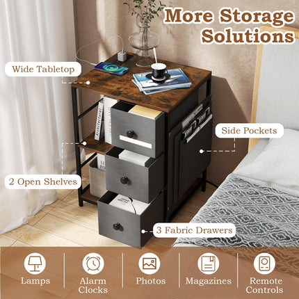 Dreamade Industrial Nightstand with Charging Station - End Side Table w/3 Fabric Drawers
