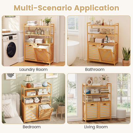 Dreamade Double Tilt Out 14 Gal Bamboo Laundry Hamper with 3-Tier Storage Shelf