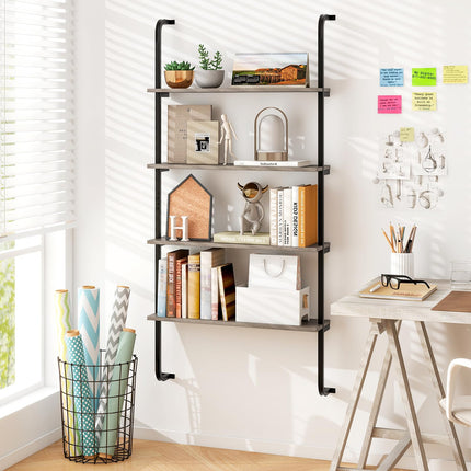 Dreamade 4-Tier Industrial Bookshelf, Wall Mounted Pipe Shelving Unit, Floating Shelves with Metal Frame